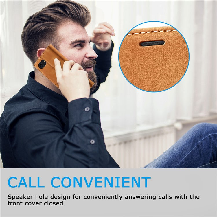 LC.IMEEKE For iPhone 16e Case Scratch-Proof Microfiber Leather Magnetic Closing Phone Cover - Brown