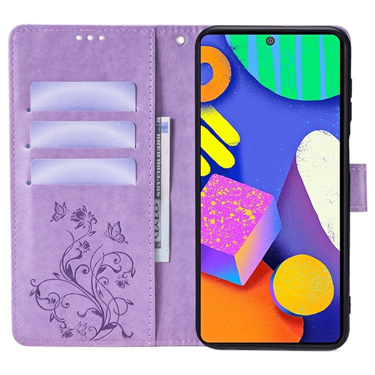 For Samsung Galaxy F62 / M62 Case Stylish Imprinted PU Leather Phone Cover with Wallet Stand - Purple