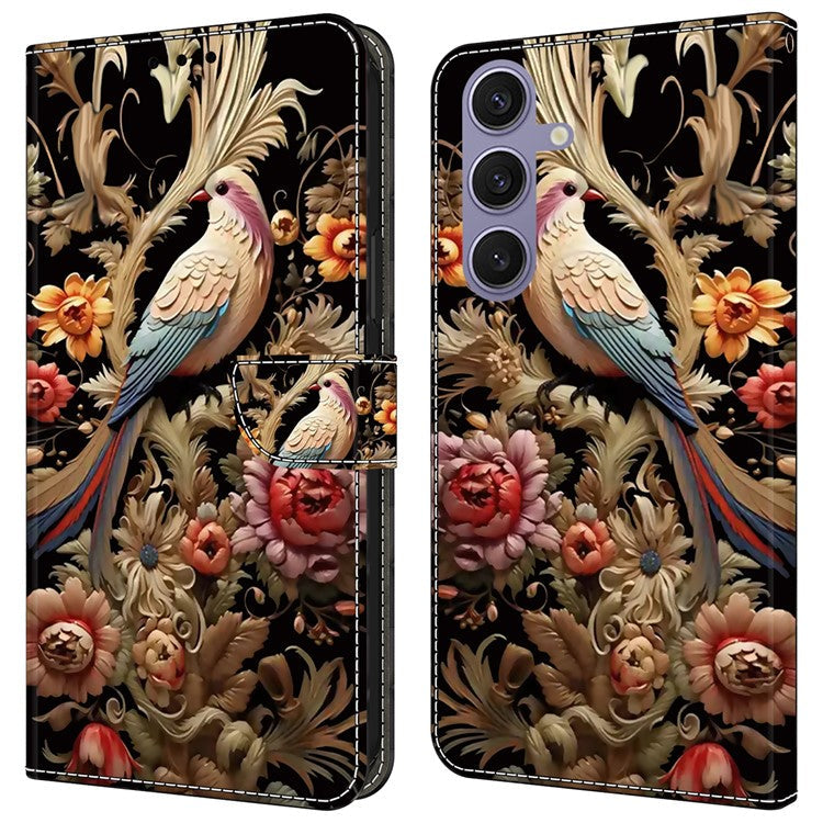 For Samsung Galaxy S24+ Case PU Leather Pattern Design Magnetic Folio Phone Cover - Vintage Flower and Bird