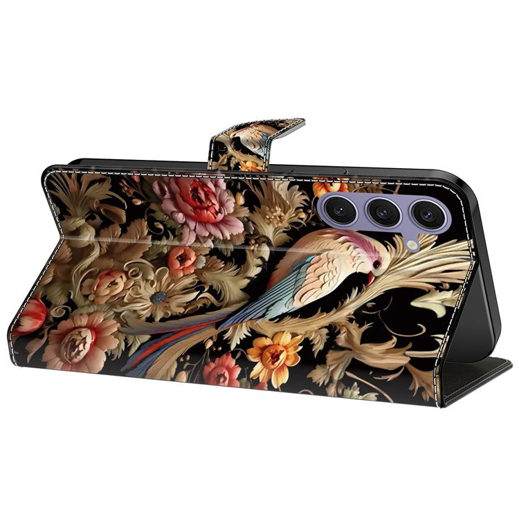 For Samsung Galaxy S24+ Case PU Leather Pattern Design Magnetic Folio Phone Cover - Vintage Flower and Bird