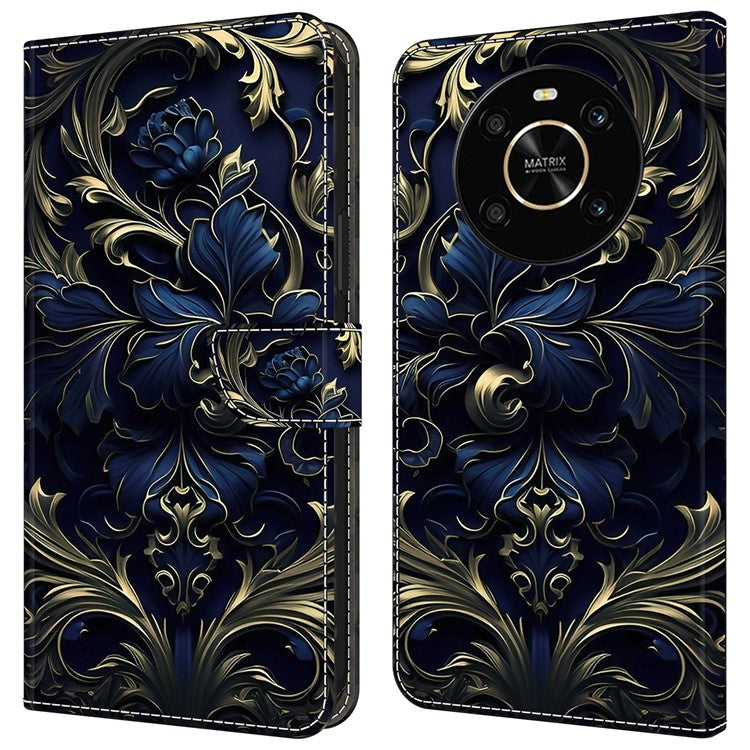 For Honor X9 5G Scratch-Resistant Mobile Phone Case Shockproof Pattern Wallet Stand Cover - Blue Flower