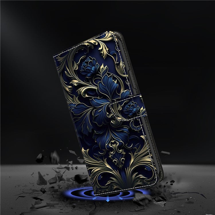 For Honor X9 5G Scratch-Resistant Mobile Phone Case Shockproof Pattern Wallet Stand Cover - Blue Flower