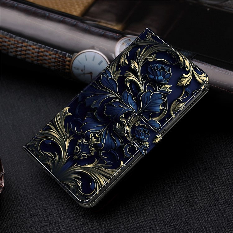 For Honor X9 5G Scratch-Resistant Mobile Phone Case Shockproof Pattern Wallet Stand Cover - Blue Flower