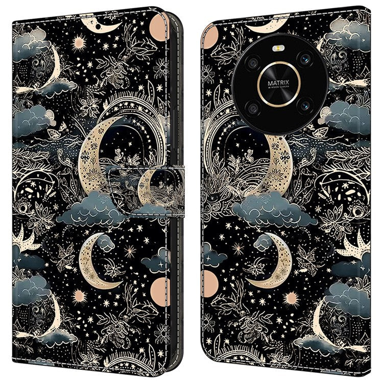 For Honor X9 5G Scratch-Resistant Mobile Phone Case Shockproof Pattern Wallet Stand Cover - Moon