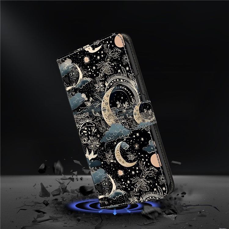 For Honor X9 5G Scratch-Resistant Mobile Phone Case Shockproof Pattern Wallet Stand Cover - Moon