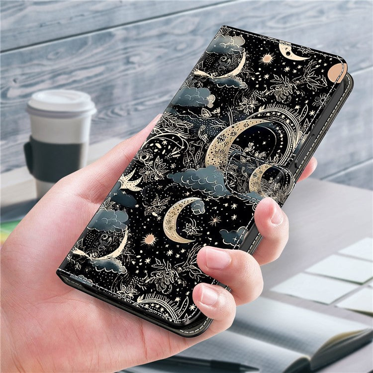 For Honor X9 5G Scratch-Resistant Mobile Phone Case Shockproof Pattern Wallet Stand Cover - Moon