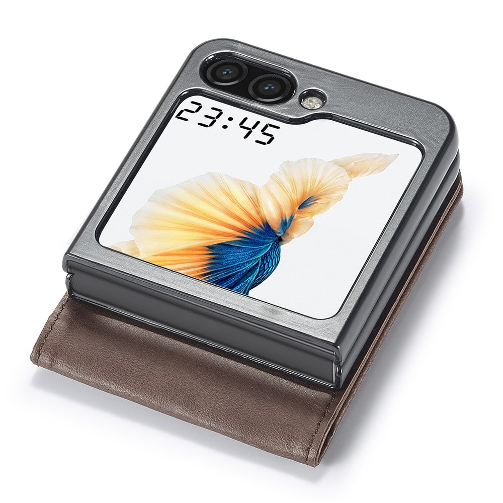 LC.IMEEKE For Samsung Galaxy Z Flip7 FE 5G / Z Flip6 5G Case Scratch-resistant Leather+PC Calf Texture Stand Phone Cover - Brown