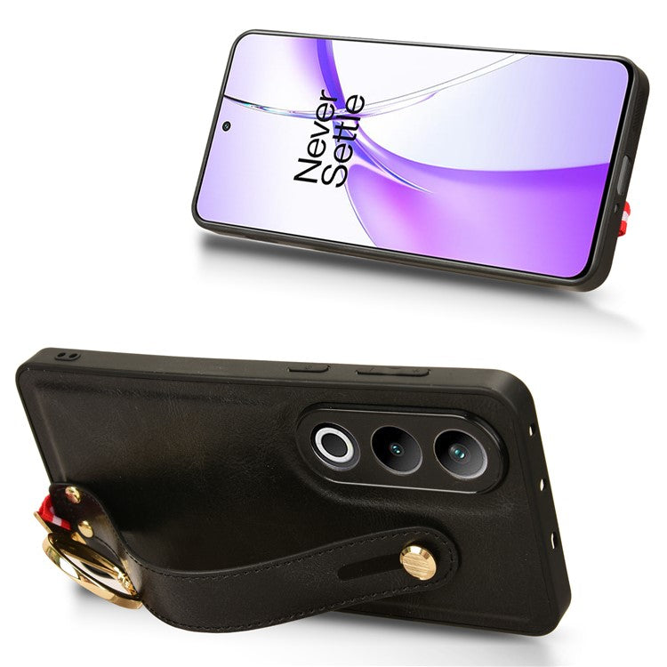 For OnePlus Ace 3V 5G Case Wristband Kickstand Leather Coated PC+TPU Protective Cover - Black