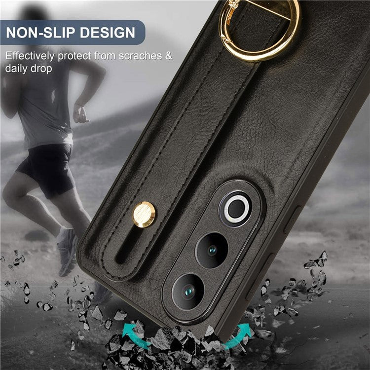 For OnePlus Ace 3V 5G Case Wristband Kickstand Leather Coated PC+TPU Protective Cover - Black