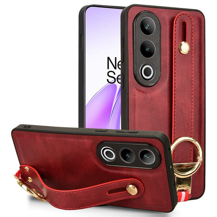 For OnePlus Ace 3V 5G Case Wristband Kickstand Leather Coated PC+TPU Protective Cover - Red