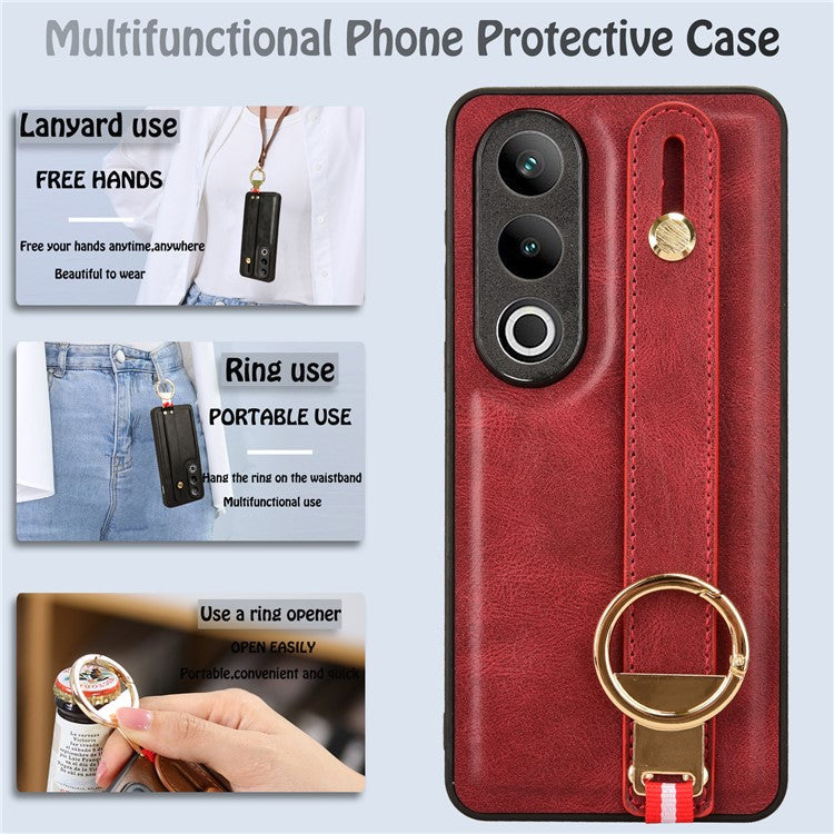 For OnePlus Ace 3V 5G Case Wristband Kickstand Leather Coated PC+TPU Protective Cover - Red