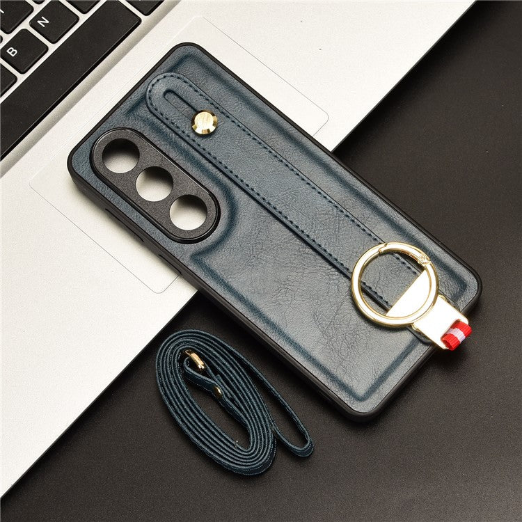 For OnePlus Ace 3V 5G Case Wristband Kickstand Leather Coated PC+TPU Protective Cover - Blue