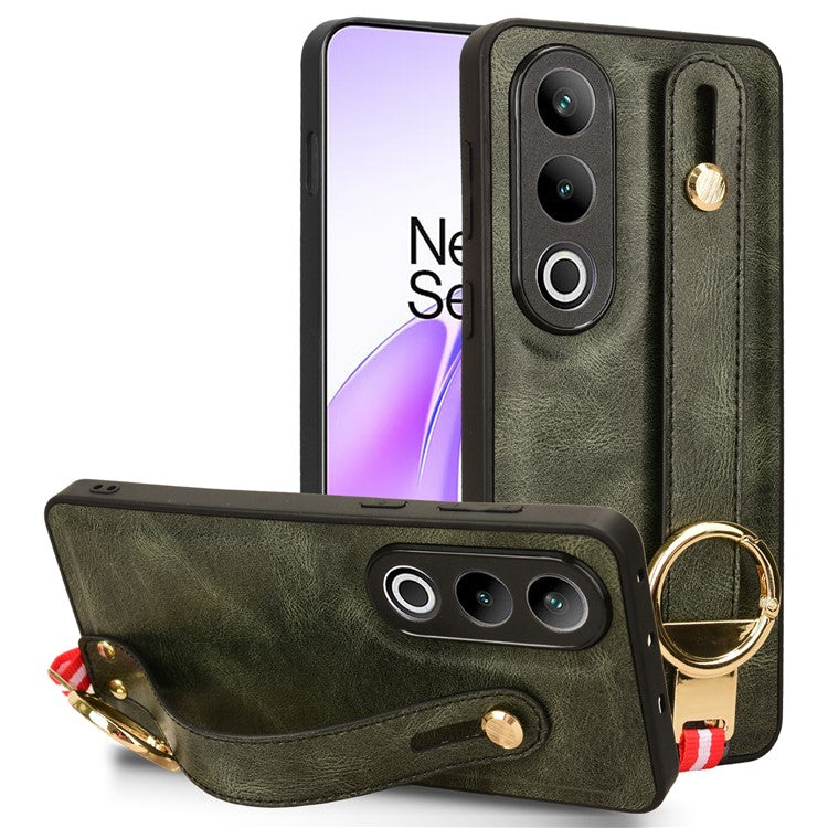 For OnePlus Ace 3V 5G Case Wristband Kickstand Leather Coated PC+TPU Protective Cover - Green