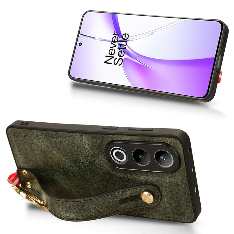 For OnePlus Ace 3V 5G Case Wristband Kickstand Leather Coated PC+TPU Protective Cover - Green