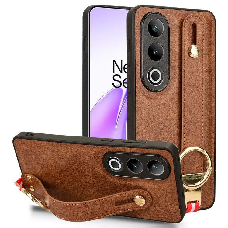 For OnePlus Ace 3V 5G Case Wristband Kickstand Leather Coated PC+TPU Protective Cover - Brown