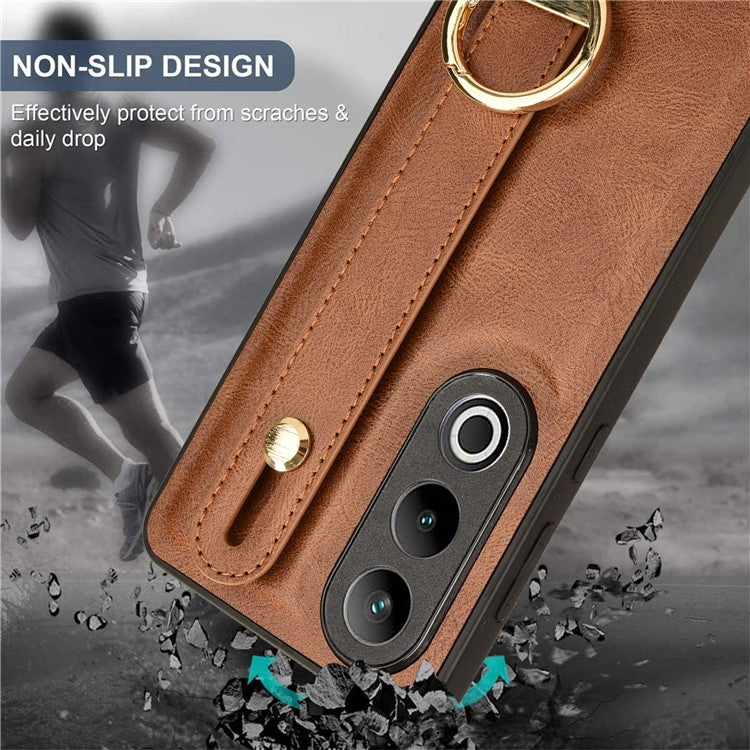 For OnePlus Ace 3V 5G Case Wristband Kickstand Leather Coated PC+TPU Protective Cover - Brown