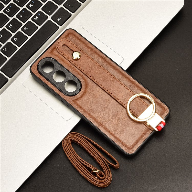 For OnePlus Ace 3V 5G Case Wristband Kickstand Leather Coated PC+TPU Protective Cover - Brown