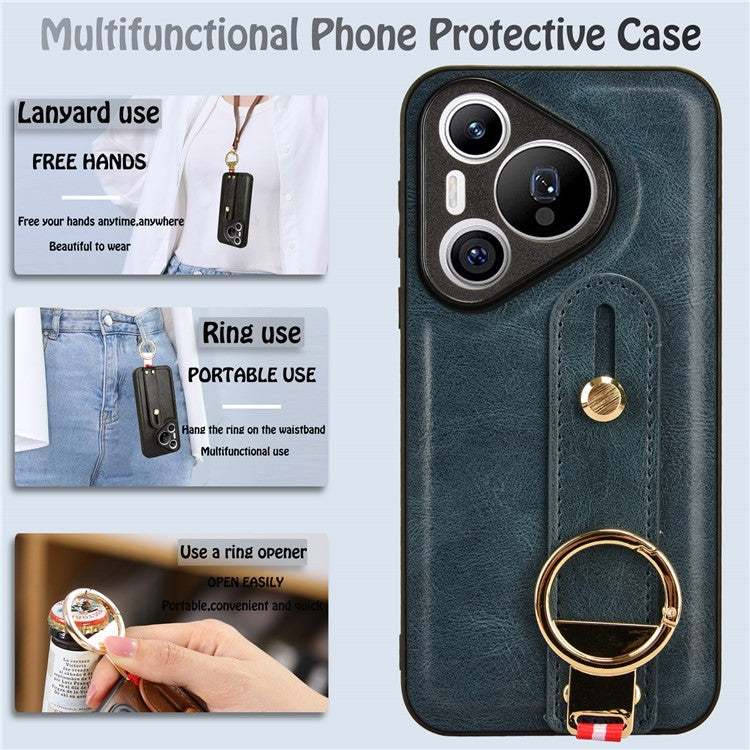 For Huawei Pura 70 Wristband Kickstand Case Fall Proof Phone Cover with Bottle Opener Ring - Blue