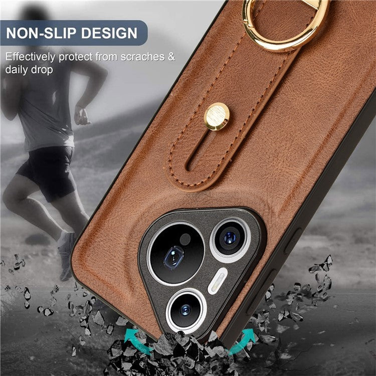 For Huawei Pura 70 Wristband Kickstand Case Fall Proof Phone Cover with Bottle Opener Ring - Brown
