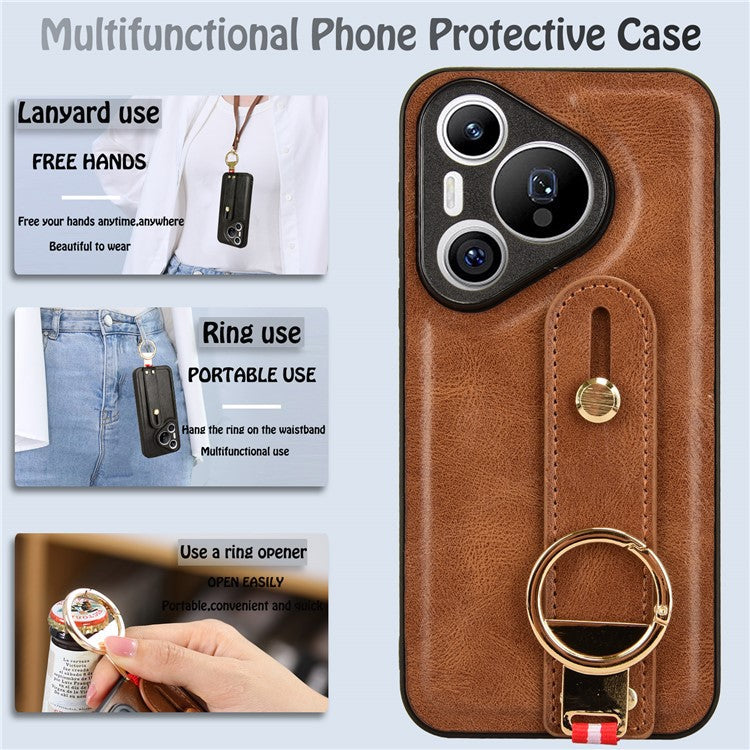 For Huawei Pura 70 Wristband Kickstand Case Fall Proof Phone Cover with Bottle Opener Ring - Brown