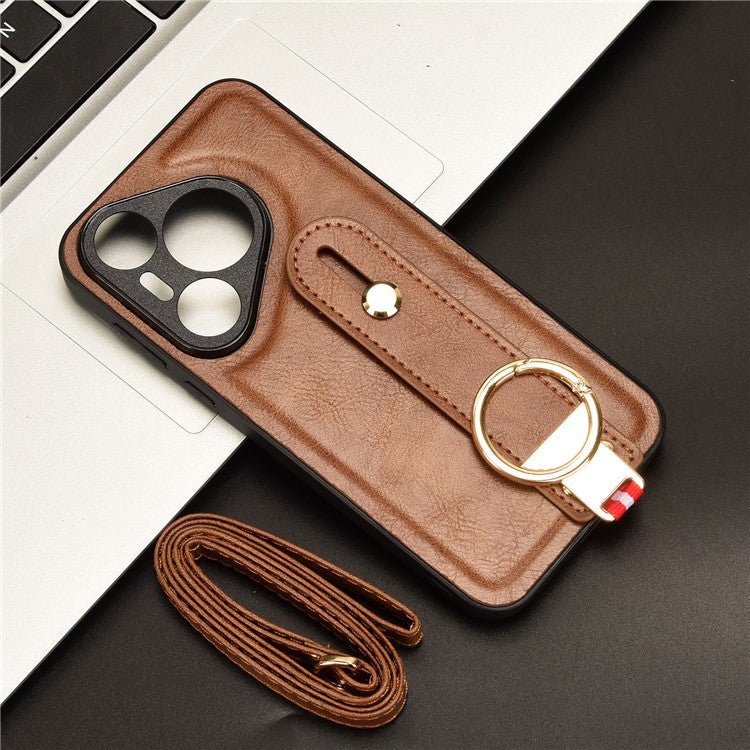 For Huawei Pura 70 Wristband Kickstand Case Fall Proof Phone Cover with Bottle Opener Ring - Brown