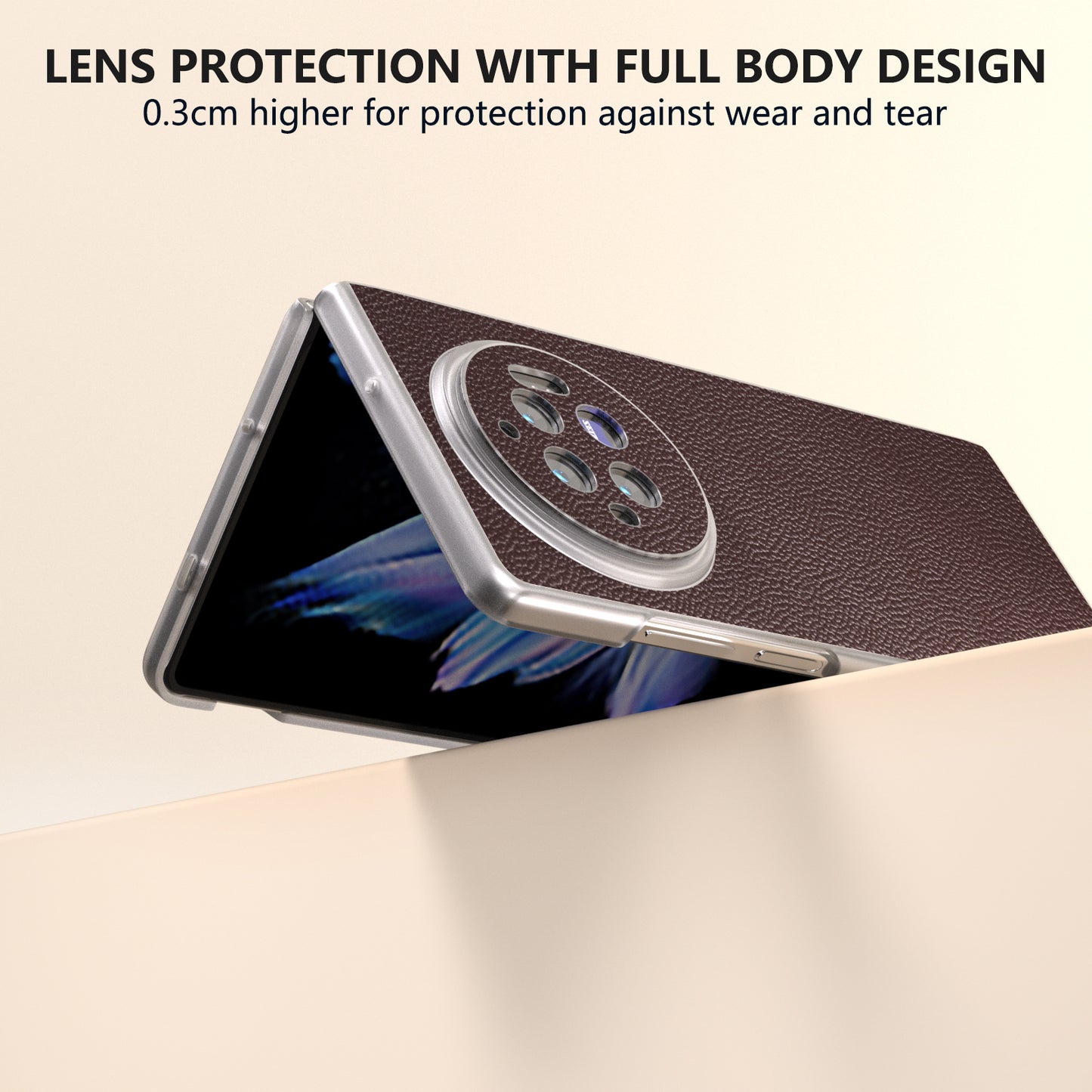 ABEEL For vivo X Fold3 Case Genuine Cow Leather+PC Matte Edge Anti-Drop Back Phone Cover - Coffee