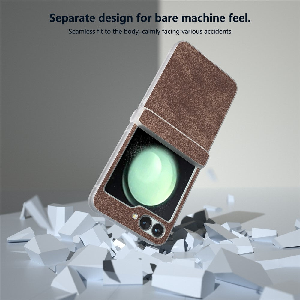 For Samsung Galaxy Z Flip7 FE 5G / Z Flip6 5G Case Matte Edge PU Leather Coated PC Hinge Protection Cover - Coffee