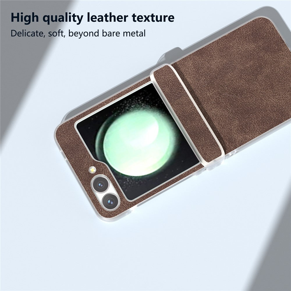 For Samsung Galaxy Z Flip7 FE 5G / Z Flip6 5G Case Matte Edge PU Leather Coated PC Hinge Protection Cover - Coffee