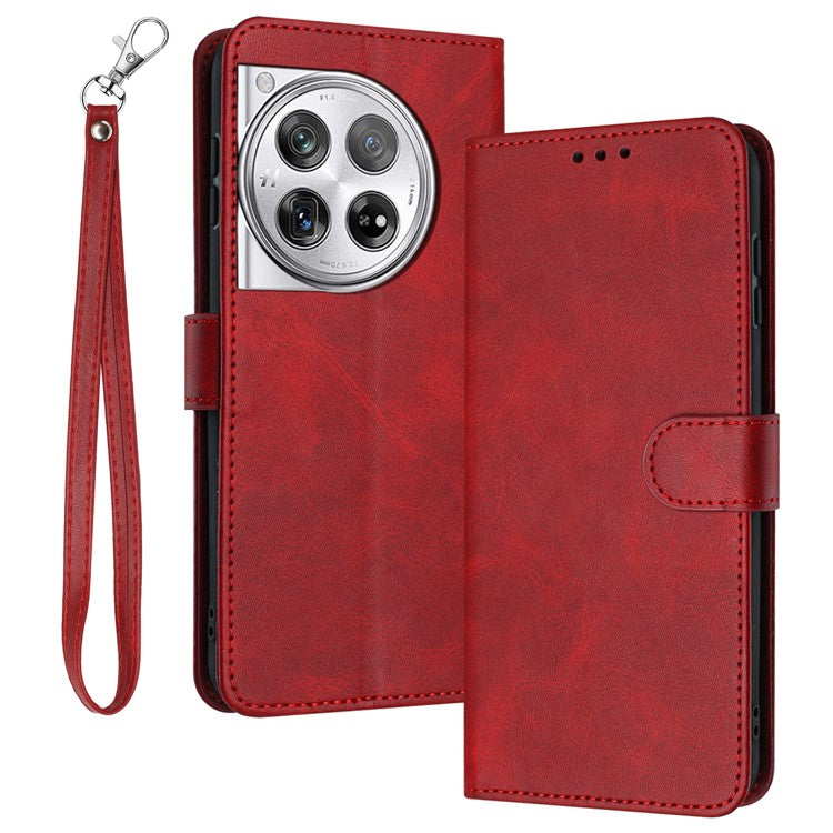 For OnePlus 12 5G Cell Phone Case PU Leather Flip Stand Protective Shell Calf Texture - Red