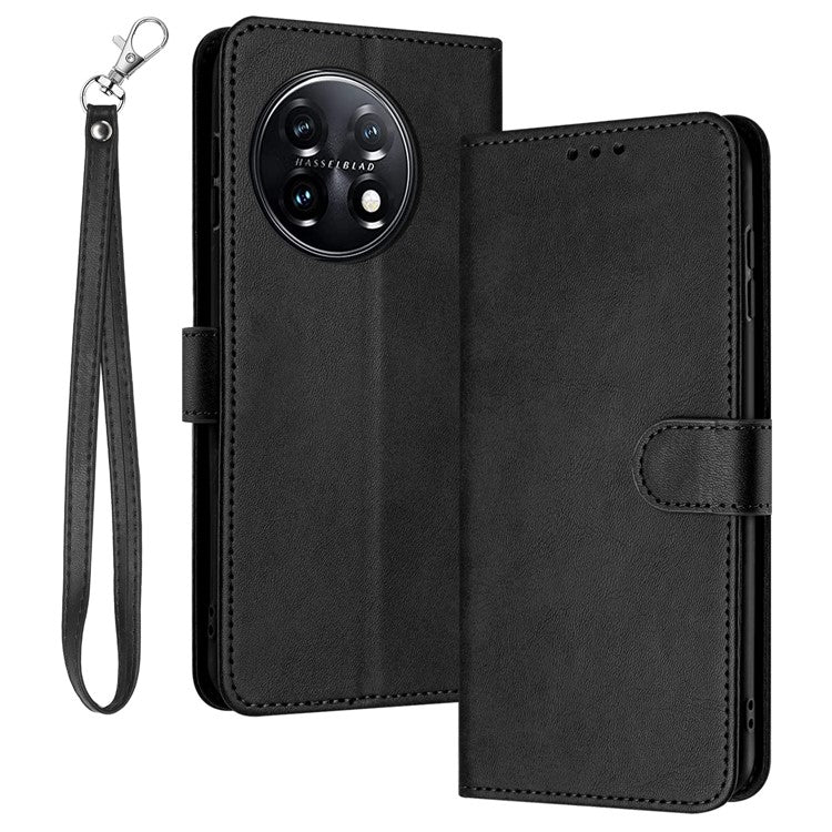 For OnePlus 11 5G Phone Shell Calf Texture PU Leather+TPU Protective Cover with Wrist Strap - Black