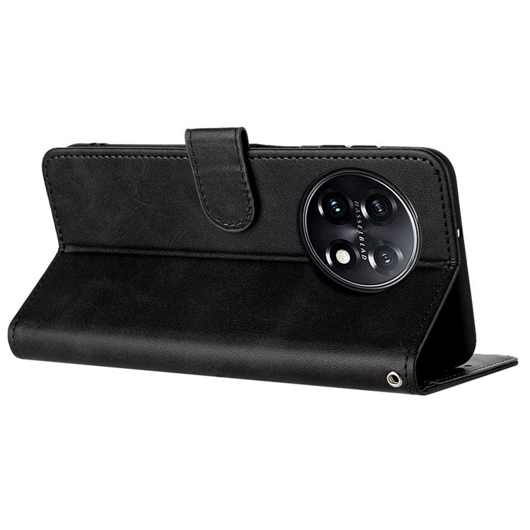For OnePlus 11 5G Phone Shell Calf Texture PU Leather+TPU Protective Cover with Wrist Strap - Black