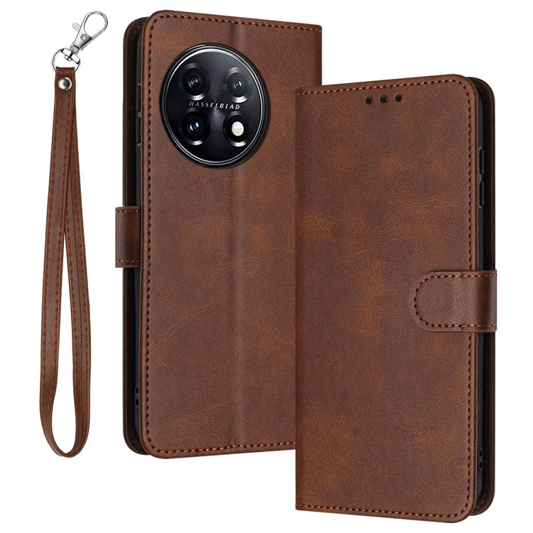 For OnePlus 11 5G Phone Shell Calf Texture PU Leather+TPU Protective Cover with Wrist Strap - Brown