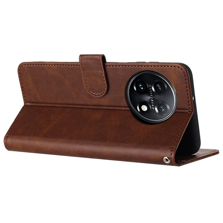 For OnePlus 11 5G Phone Shell Calf Texture PU Leather+TPU Protective Cover with Wrist Strap - Brown