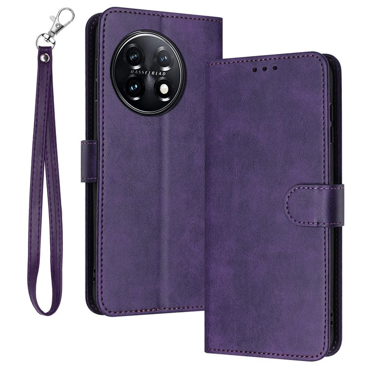 For OnePlus 11 5G Phone Shell Calf Texture PU Leather+TPU Protective Cover with Wrist Strap - Purple