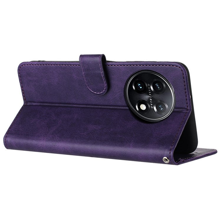 For OnePlus 11 5G Phone Shell Calf Texture PU Leather+TPU Protective Cover with Wrist Strap - Purple