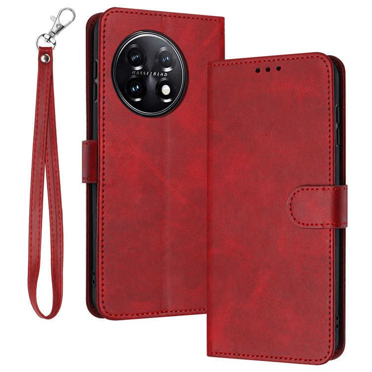 For OnePlus 11 5G Phone Shell Calf Texture PU Leather+TPU Protective Cover with Wrist Strap - Red