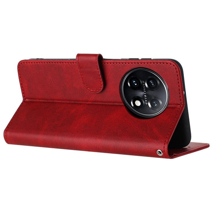 For OnePlus 11 5G Phone Shell Calf Texture PU Leather+TPU Protective Cover with Wrist Strap - Red