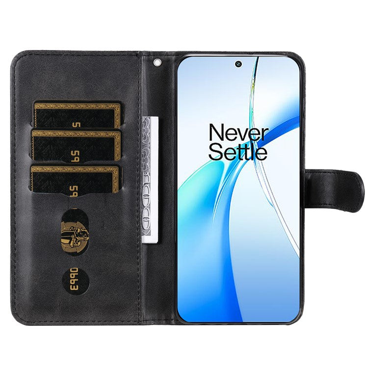 For OnePlus Nord CE4 5G / Oppo K12 Case Calf Texture PU Leather Zipper Pocket Wallet Phone Cover - Black