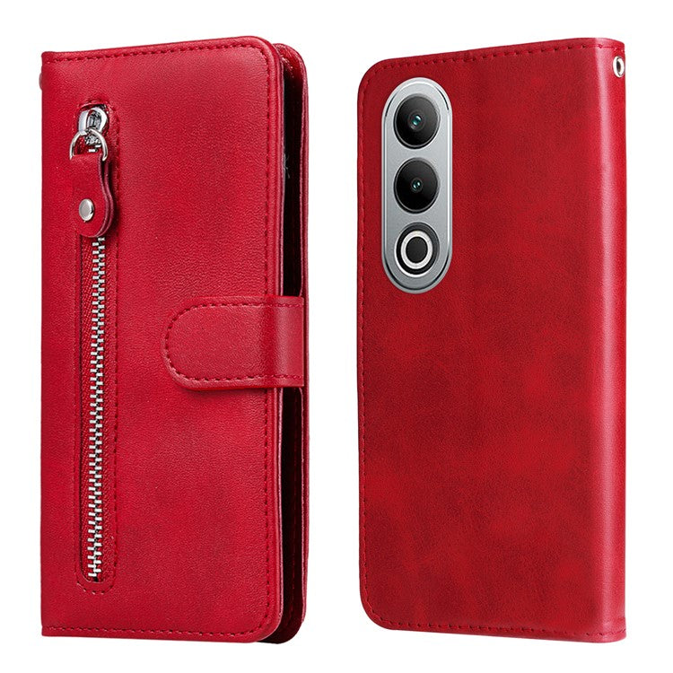 For OnePlus Nord CE4 5G / Oppo K12 Case Calf Texture PU Leather Zipper Pocket Wallet Phone Cover - Red
