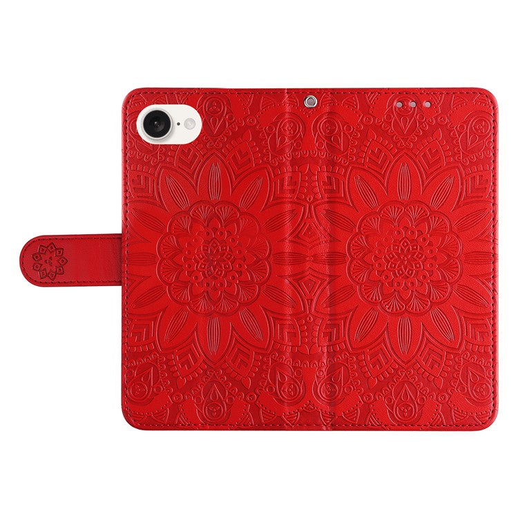 For iPhone 16e Magnetic Phone Case Shockproof Sunflower Leather Stand Cover - Red