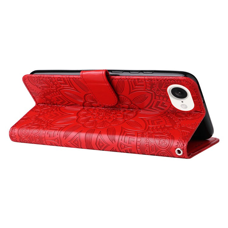 For iPhone 16e Magnetic Phone Case Shockproof Sunflower Leather Stand Cover - Red