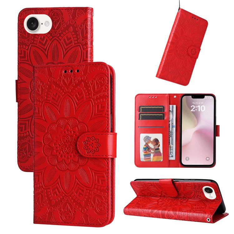For iPhone 16e Magnetic Phone Case Shockproof Sunflower Leather Stand Cover - Red