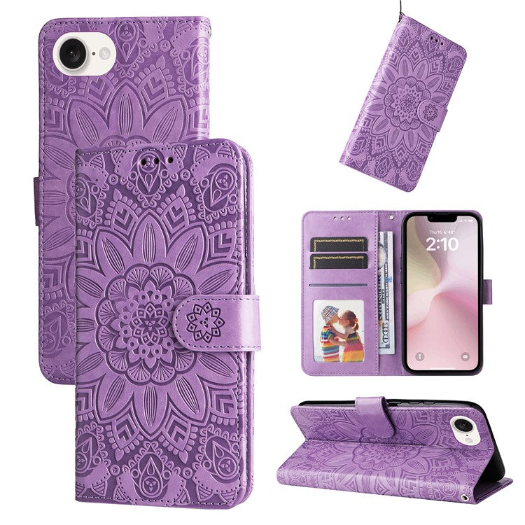 For iPhone 16e Magnetic Phone Case Shockproof Sunflower Leather Stand Cover - Purple