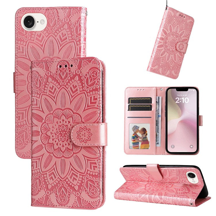For iPhone 16e Magnetic Phone Case Shockproof Sunflower Leather Stand Cover - Pink