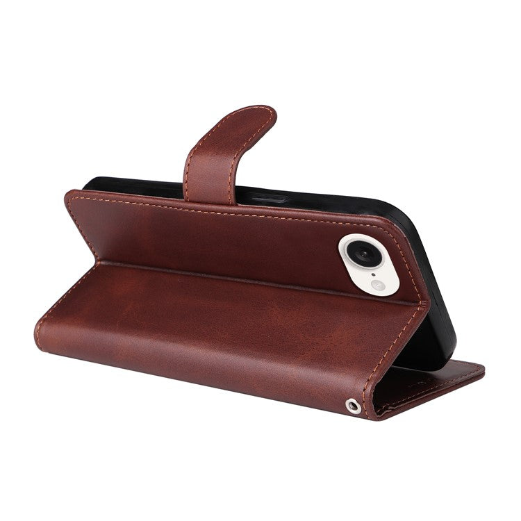 For iPhone 16e Leather Phone Case Magnetic Clasp Flip Wallet Phone Stand Cover - Brown