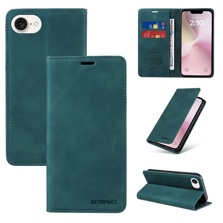 BETOPNICE 003 For iPhone 16e Wallet Case RFID Blocking Leather+TPU Shockproof Phone Shell - Green