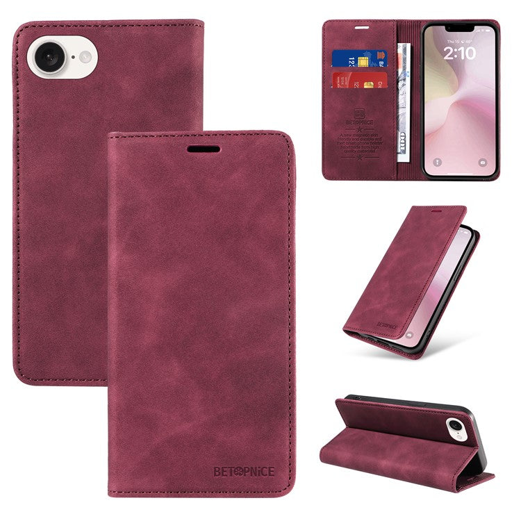 BETOPNICE 003 For iPhone 16e Wallet Case RFID Blocking Leather+TPU Shockproof Phone Shell - Red