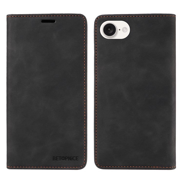 BETOPNICE 003 For iPhone 16e Wallet Case RFID Blocking Leather+TPU Shockproof Phone Shell - Black
