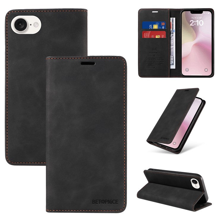 BETOPNICE 003 For iPhone 16e Wallet Case RFID Blocking Leather+TPU Shockproof Phone Shell - Black