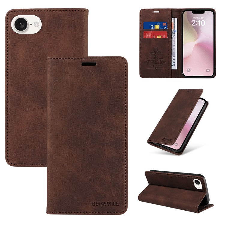 BETOPNICE 003 For iPhone 16e Wallet Case RFID Blocking Leather+TPU Shockproof Phone Shell - Brown